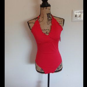 NWT Old Navy Faux Wrap V Neck Halter Lettuce Edge One Piece Swimsuit Sz S